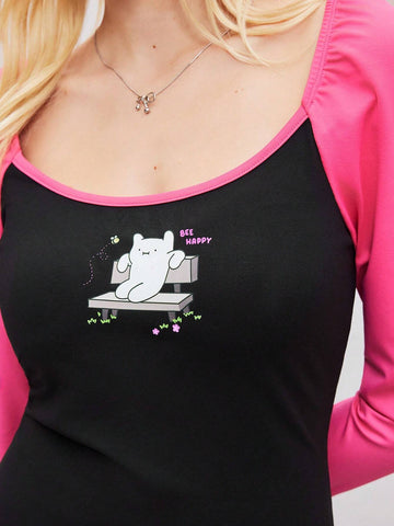 Coolman Casual Streetwear Contrast Color Long Sleeve Fitted Mini Dress For Women