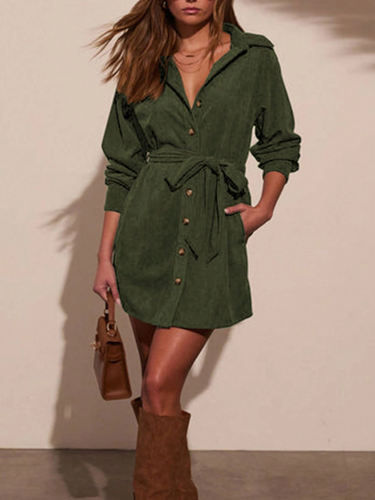 Corduroy Front-Tie Mini Dress