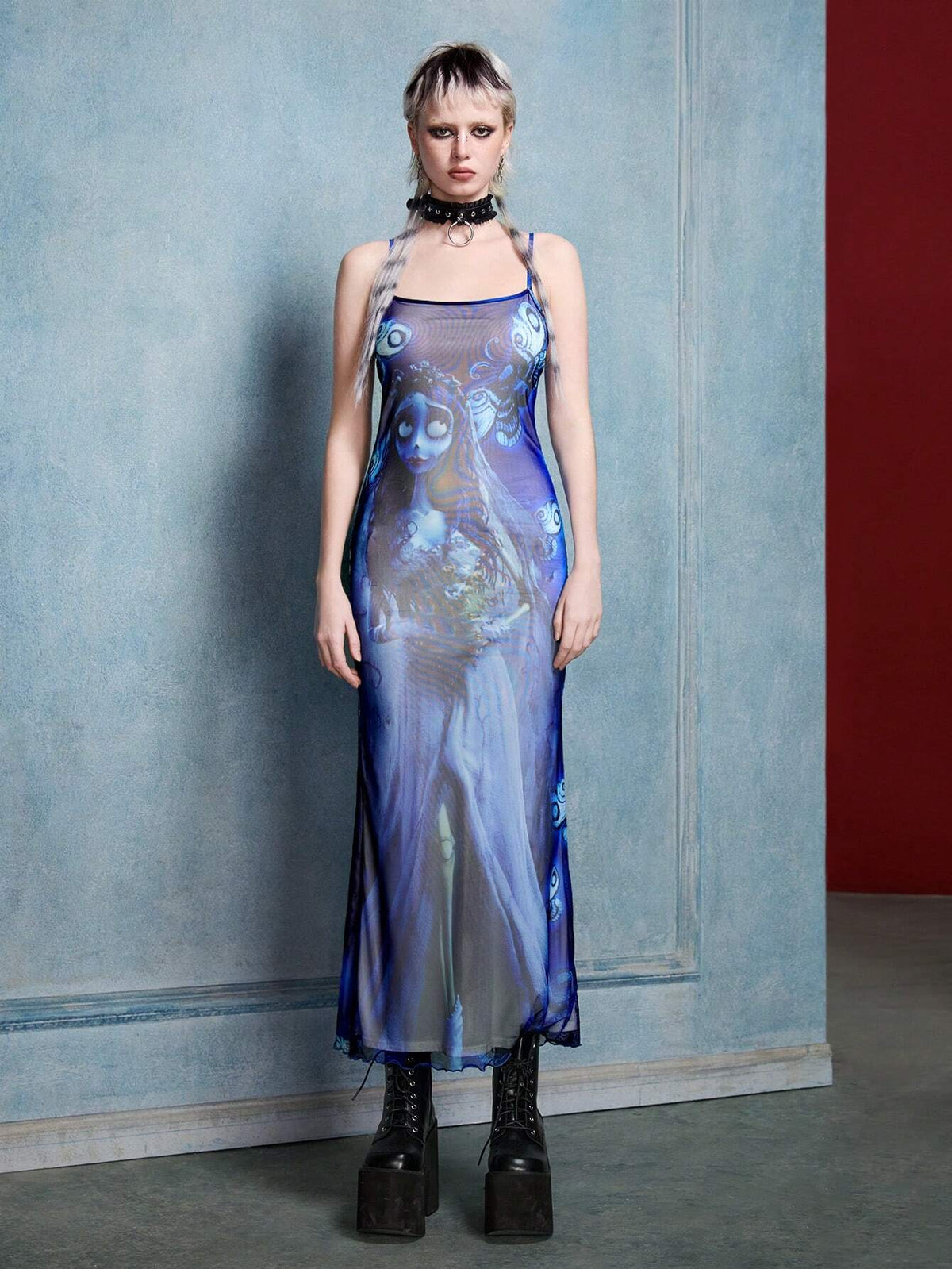 Dark Punk Style Cartoon Character Printed Mesh Strap Summer Dress