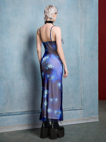 Dark Punk Style Cartoon Character Printed Mesh Strap Summer Dress