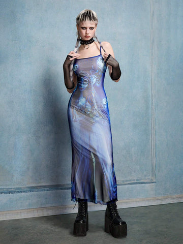 Dark Punk Style Cartoon Character Printed Mesh Strap Summer Dress
