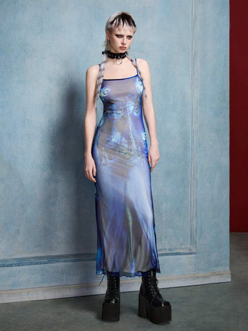 Dark Punk Style Cartoon Character Printed Mesh Strap Summer Dress