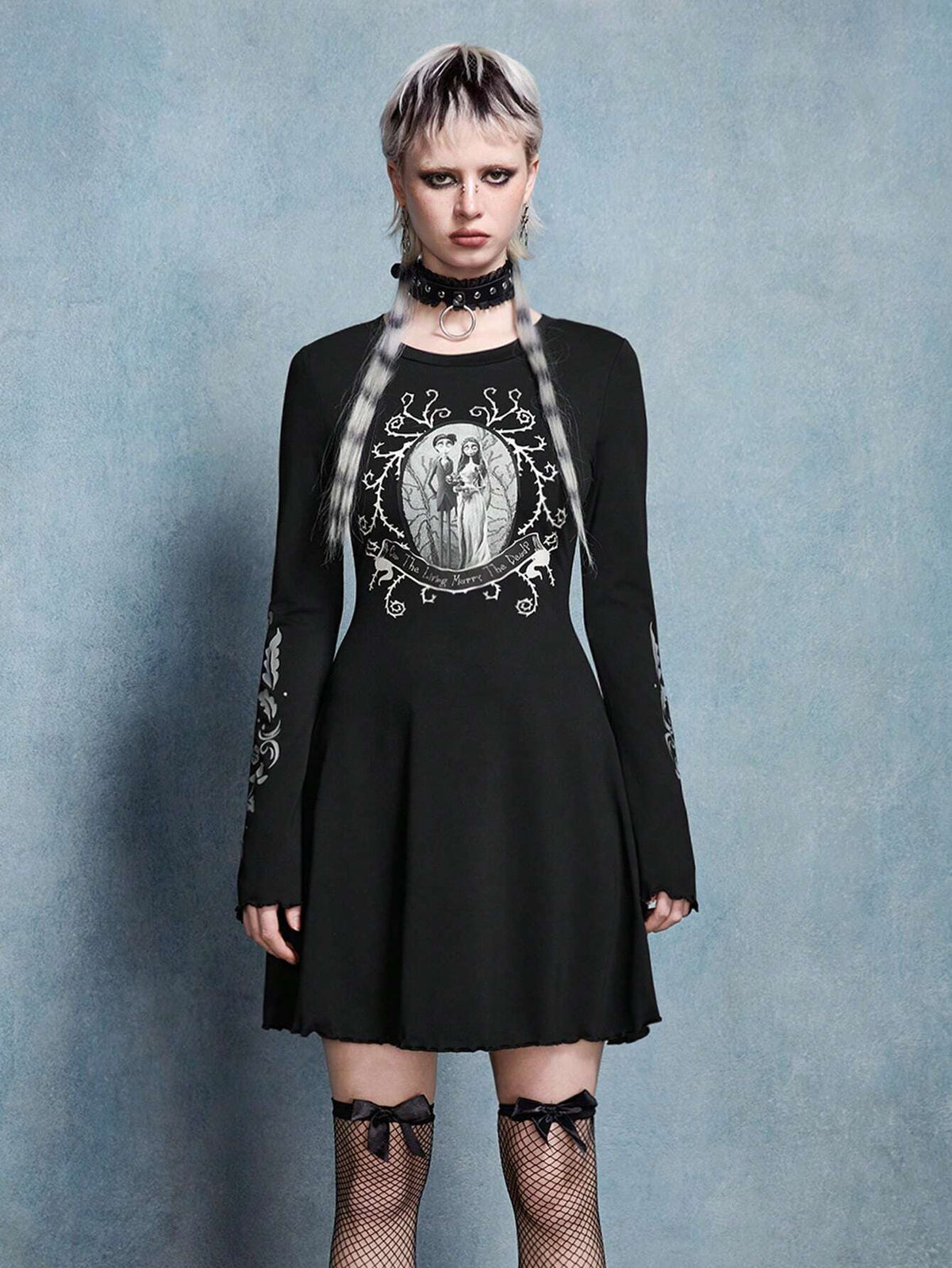 Winter Halloween Skater Dress, Black Dress, Zombie Bride Black And White Pattern