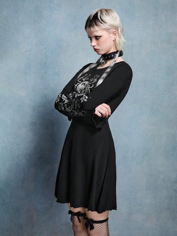 Winter Halloween Skater Dress, Black Dress, Zombie Bride Black And White Pattern