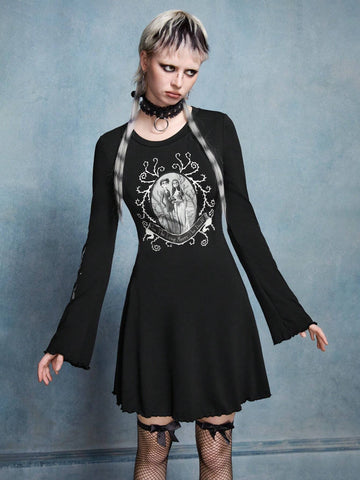 Winter Halloween Skater Dress, Black Dress, Zombie Bride Black And White Pattern