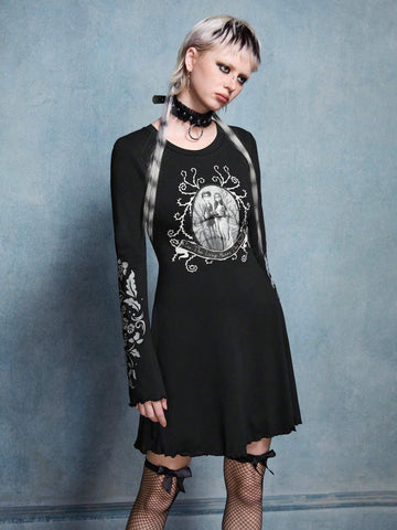 Winter Halloween Skater Dress, Black Dress, Zombie Bride Black And White Pattern