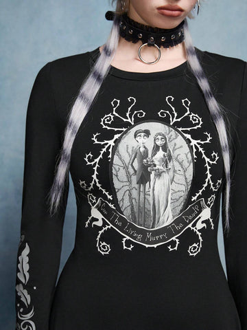 Winter Halloween Skater Dress, Black Dress, Zombie Bride Black And White Pattern