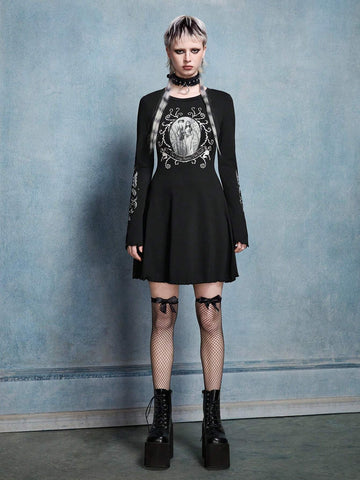 Winter Halloween Skater Dress, Black Dress, Zombie Bride Black And White Pattern