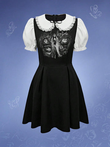 Corpse Bride | ROMWE Lolita Puff Sleeve Contrast Splice Dress For Women, Character Logo & Fairy Tale Print