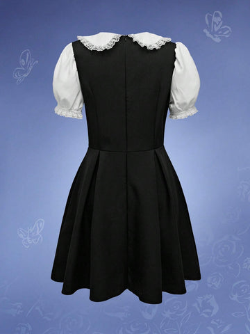 Corpse Bride | ROMWE Lolita Puff Sleeve Contrast Splice Dress For Women, Character Logo & Fairy Tale Print