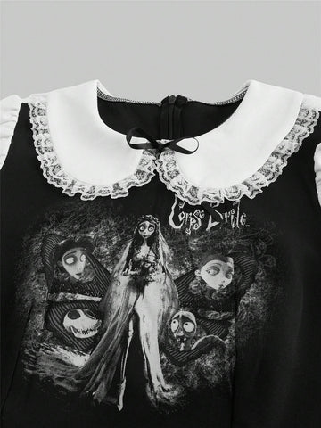 Corpse Bride | ROMWE Lolita Puff Sleeve Contrast Splice Dress For Women, Character Logo & Fairy Tale Print