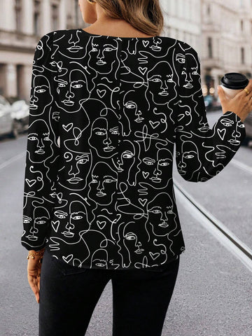 Minimalist Face Print, Casual Loose Fit Long Sleeve Women Shirt,