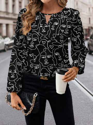 Minimalist Face Print, Casual Loose Fit Long Sleeve Women Shirt,