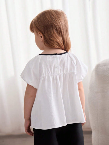 Cozy Cub Girls' Casual Cute White Princess Style Bow Soft & Comfy Contrast Color Short Sleeve Round Neck Blouse For Christening, Birthday Party, School, Casual Occasions