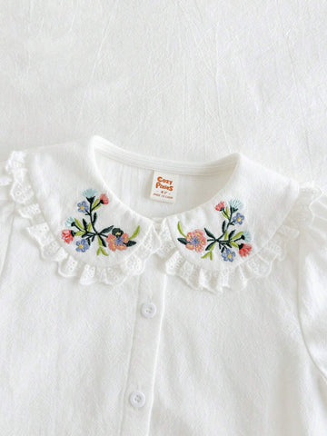 Cozy Cub White Casual Cute Peasant Embroidered Peter Pan Collar Button Down Blouse For Young Girls