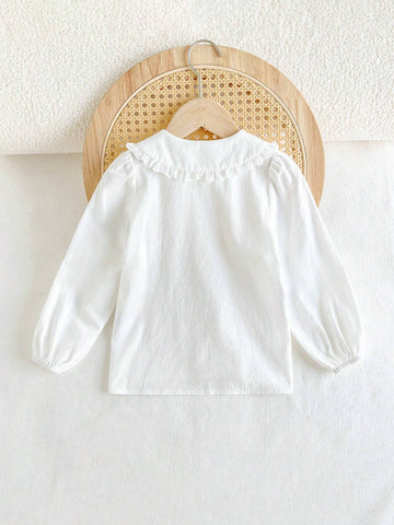 Cozy Cub White Casual Cute Peasant Embroidered Peter Pan Collar Button Down Blouse For Young Girls