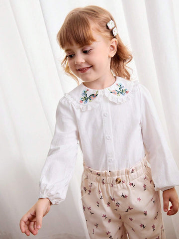 Cozy Cub White Casual Cute Peasant Embroidered Peter Pan Collar Button Down Blouse For Young Girls