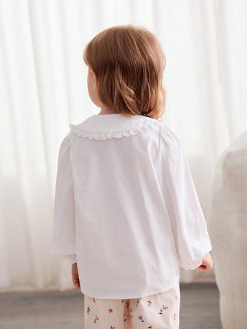 Cozy Cub White Casual Cute Peasant Embroidered Peter Pan Collar Button Down Blouse For Young Girls