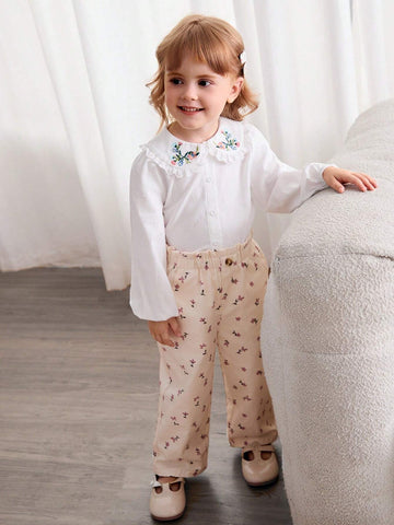 Cozy Cub White Casual Cute Peasant Embroidered Peter Pan Collar Button Down Blouse For Young Girls