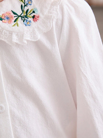 Cozy Cub White Casual Cute Peasant Embroidered Peter Pan Collar Button Down Blouse For Young Girls