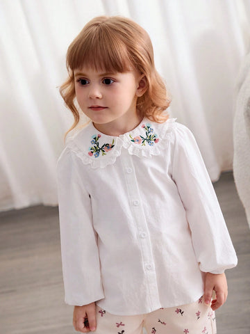 Cozy Cub White Casual Cute Peasant Embroidered Peter Pan Collar Button Down Blouse For Young Girls