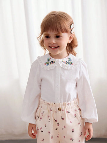 Cozy Cub White Casual Cute Peasant Embroidered Peter Pan Collar Button Down Blouse For Young Girls