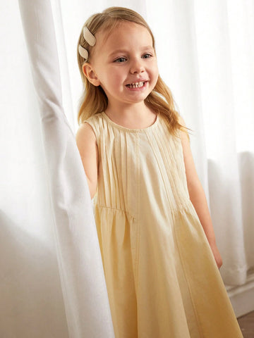 Cozy Cub Young Girl Apricot Round Neck Soft, Comfortable & Breathable Sleeveless Dress, With Stripes Decoration, All-Match Style, Suitable For Casual Home Wear, Outing, Party, Amusement Park, Photography, Etc.