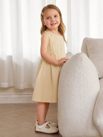 Cozy Cub Young Girl Apricot Round Neck Soft, Comfortable & Breathable Sleeveless Dress, With Stripes Decoration, All-Match Style, Suitable For Casual Home Wear, Outing, Party, Amusement Park, Photography, Etc.