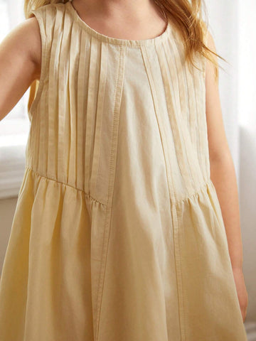 Cozy Cub Young Girl Apricot Round Neck Soft, Comfortable & Breathable Sleeveless Dress, With Stripes Decoration, All-Match Style, Suitable For Casual Home Wear, Outing, Party, Amusement Park, Photography, Etc.