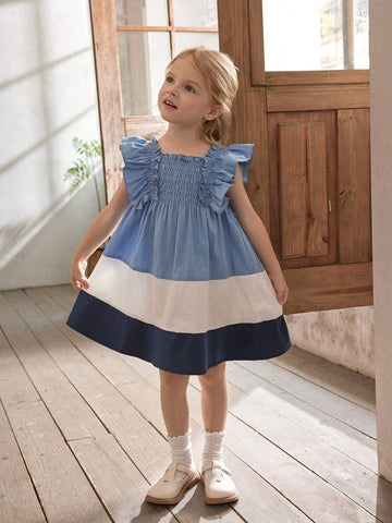 Cozy Cub Young Girl Casual Color-Block Dress With Square Neckline And Ruffled Waist