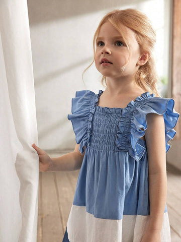 Cozy Cub Young Girl Casual Color-Block Dress With Square Neckline And Ruffled Waist