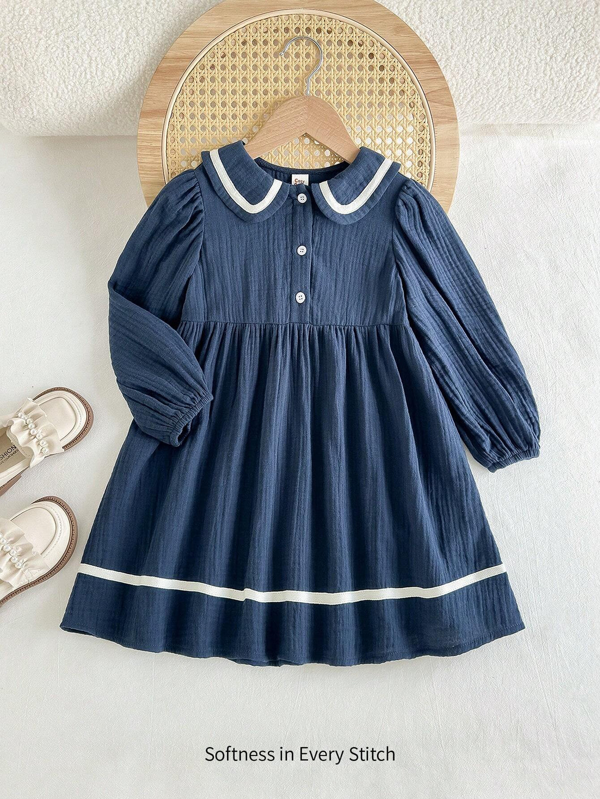 Cozy Cub Young Girl Casual Contrast-Color Tie-Waist Puff Sleeve Peter Pan Collar Dress, Spring & Fall