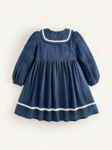 Cozy Cub Young Girl Casual Contrast-Color Tie-Waist Puff Sleeve Peter Pan Collar Dress, Spring & Fall