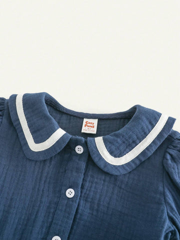 Cozy Cub Young Girl Casual Contrast-Color Tie-Waist Puff Sleeve Peter Pan Collar Dress, Spring & Fall