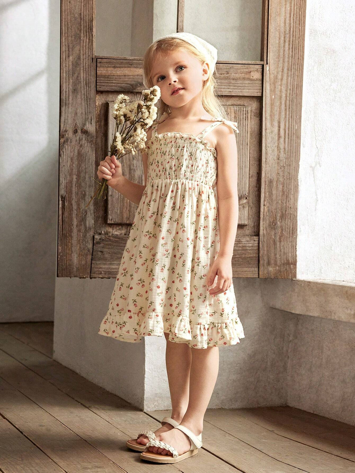 Cozy Cub Young Girl Casual Floral Print Sleeveless Dress With Bowknot And Cinched Waist