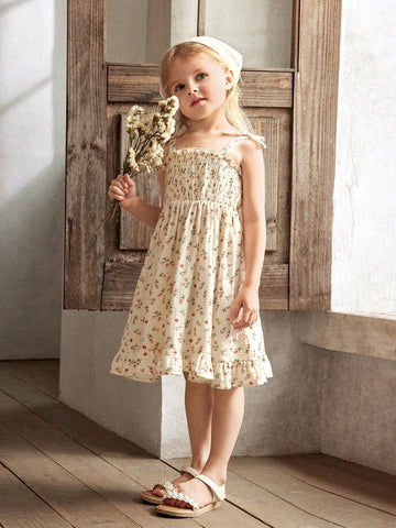 Cozy Cub Young Girl Casual Floral Print Sleeveless Dress With Bowknot And Cinched Waist