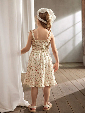 Cozy Cub Young Girl Casual Floral Print Sleeveless Dress With Bowknot And Cinched Waist