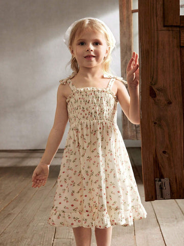 Cozy Cub Young Girl Casual Floral Print Sleeveless Dress With Bowknot And Cinched Waist