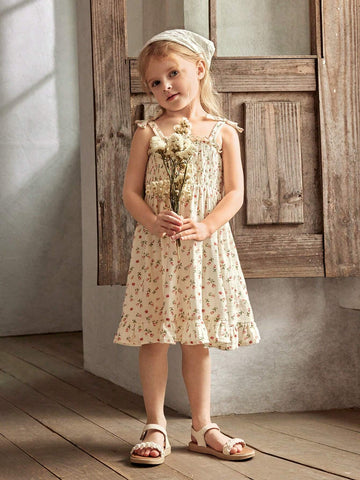 Cozy Cub Young Girl Casual Floral Print Sleeveless Dress With Bowknot And Cinched Waist