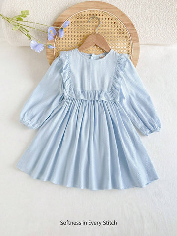 Cozy Cub Young Girl Solid Color Round Neck Ruffled Lantern Sleeve Waist Cinched Dress