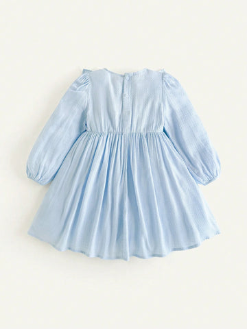 Cozy Cub Young Girl Solid Color Round Neck Ruffled Lantern Sleeve Waist Cinched Dress