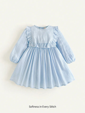 Cozy Cub Young Girl Solid Color Round Neck Ruffled Lantern Sleeve Waist Cinched Dress