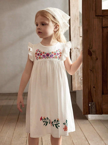 Cozy Cub Young Girls' Casual Floral Pattern Round Neck Ruffled Waist Dress