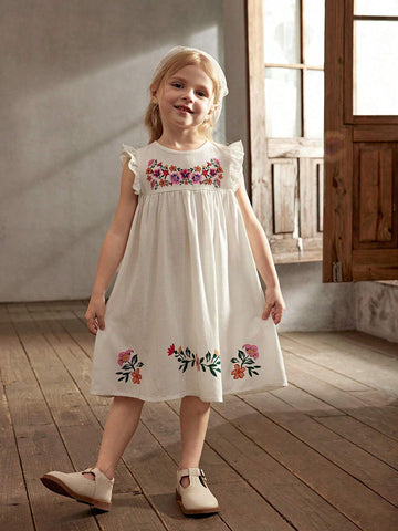 Cozy Cub Young Girls' Casual Floral Pattern Round Neck Ruffled Waist Dress