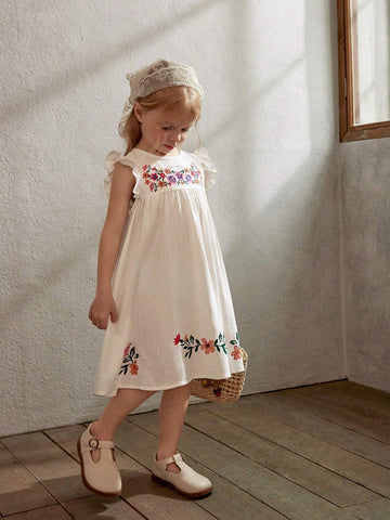 Cozy Cub Young Girls' Casual Floral Pattern Round Neck Ruffled Waist Dress