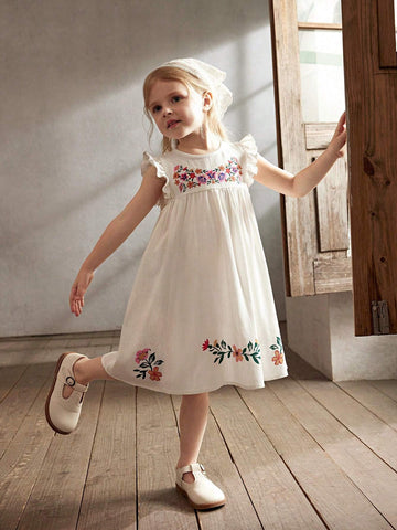 Cozy Cub Young Girls' Casual Floral Pattern Round Neck Ruffled Waist Dress