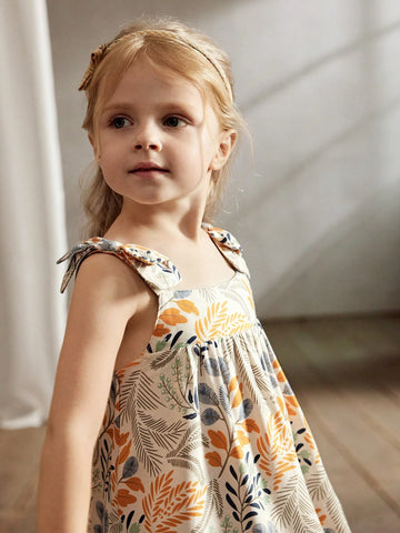 Cozy Cub Young Girls' Floral Decorated Big Bowknot Round Neck Sleeveless Waist-Cinching Dress