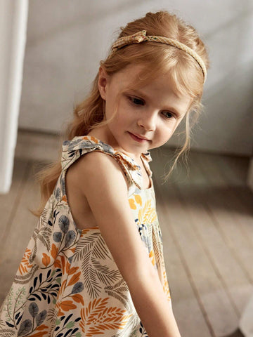 Cozy Cub Young Girls' Floral Decorated Big Bowknot Round Neck Sleeveless Waist-Cinching Dress