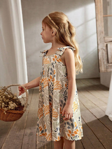Cozy Cub Young Girls' Floral Decorated Big Bowknot Round Neck Sleeveless Waist-Cinching Dress