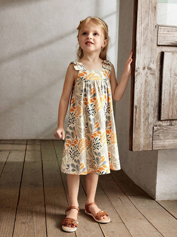 Cozy Cub Young Girls' Floral Decorated Big Bowknot Round Neck Sleeveless Waist-Cinching Dress